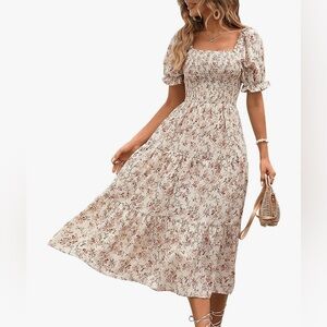 MakeMeChic Floral Puff Sleeve Midi Dress NEW